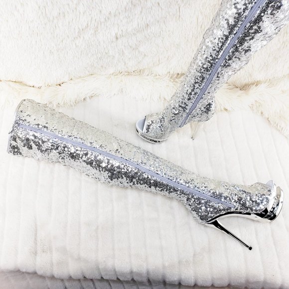 Silver Sequin Open Toe Thigh High Heel Boots - Picture 8 of 15